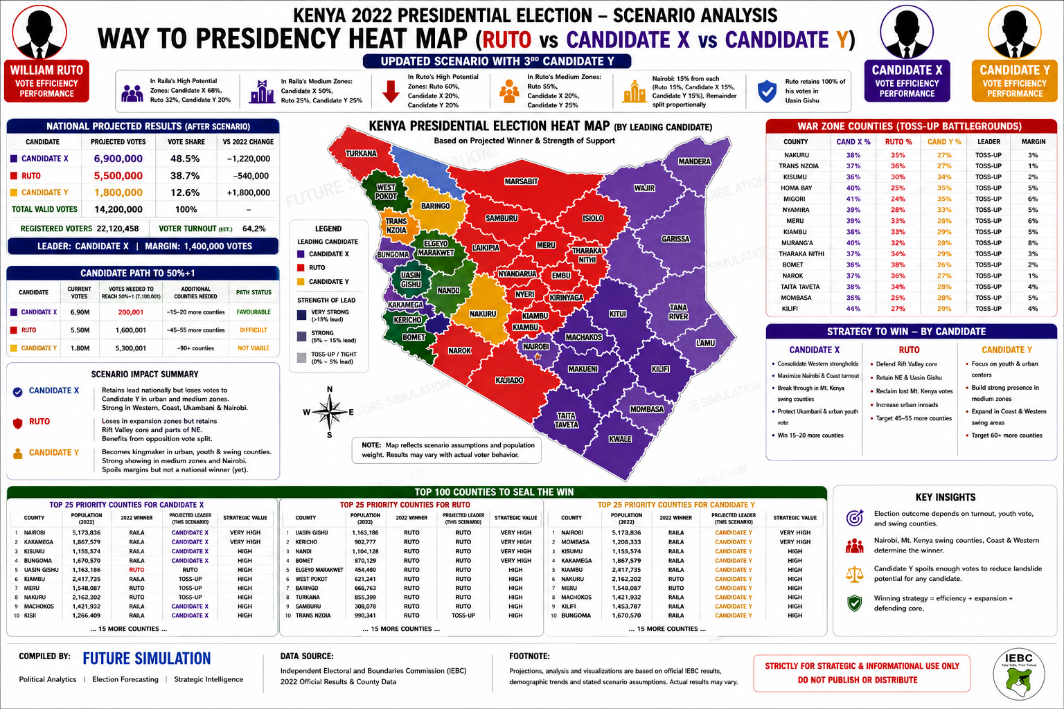 Kenya presidential election scenario heatmap with county projections and toss-up counties.